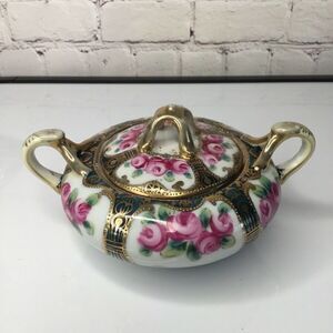 VTG Nippon Hand Painted Embellished Floral Gold Lidded Sugar Bowl